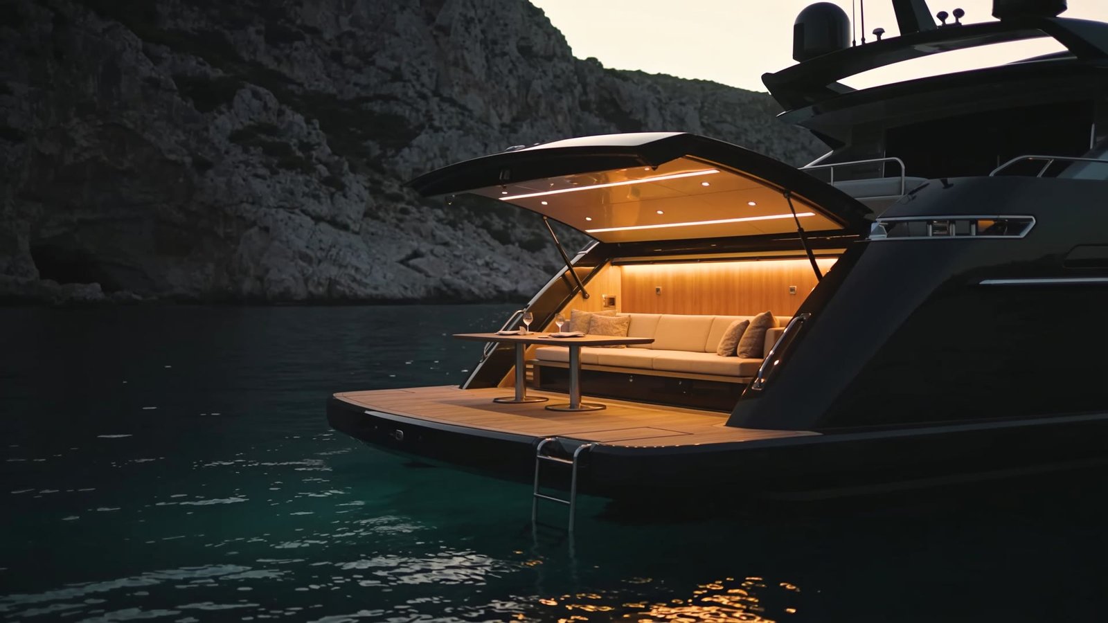 Yacht all'ancora in una baia al tramonto