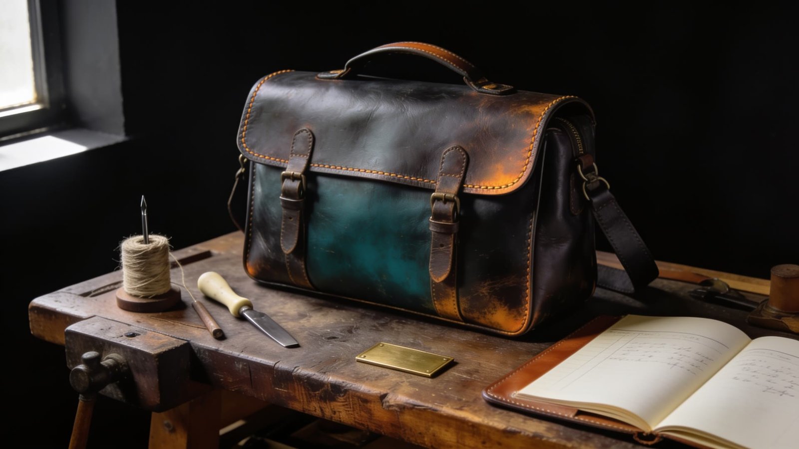 Borsa in pelle artigianale sul banco di lavoro