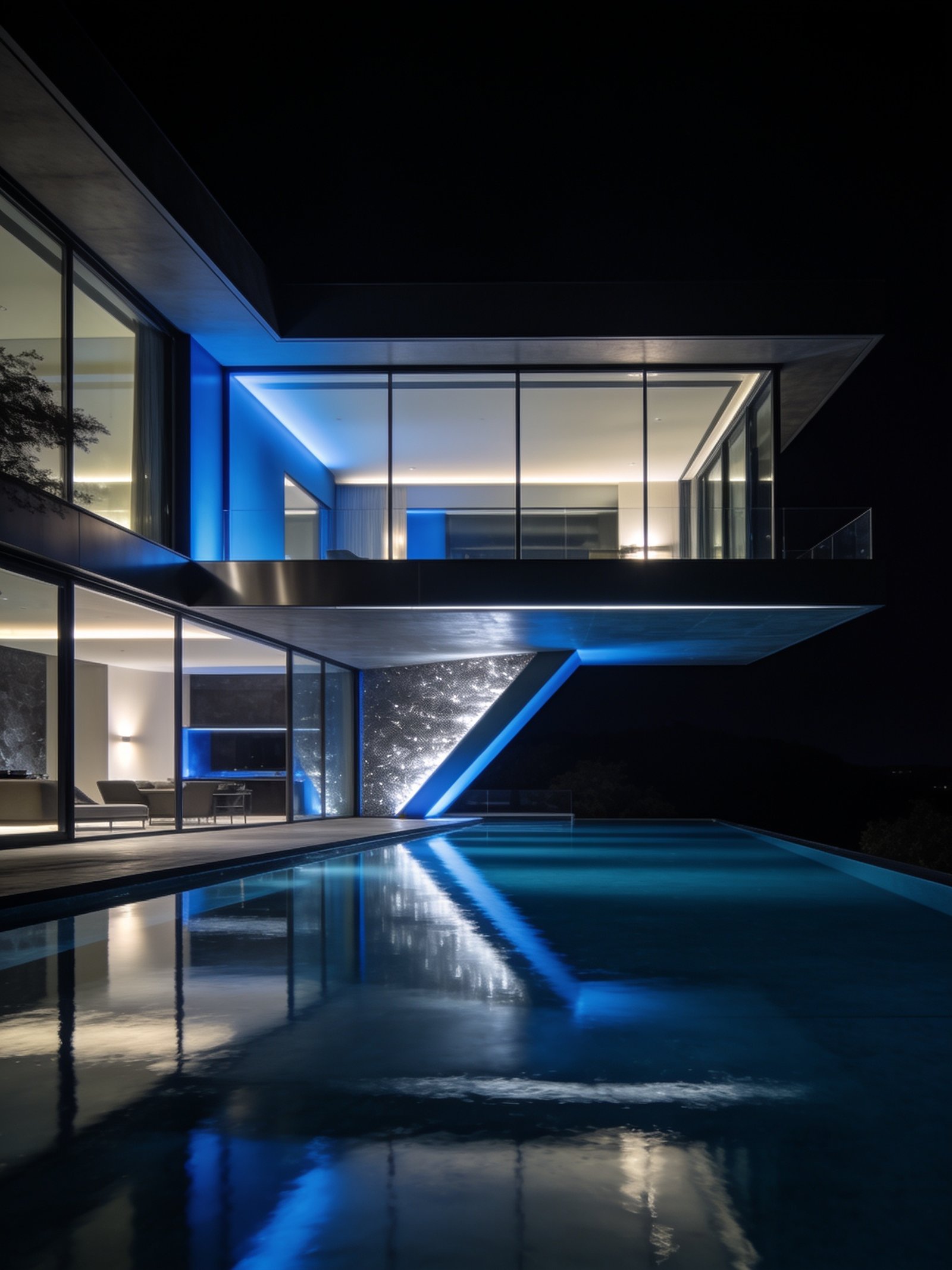Villa di lusso moderna di notte con piscina a sfioro