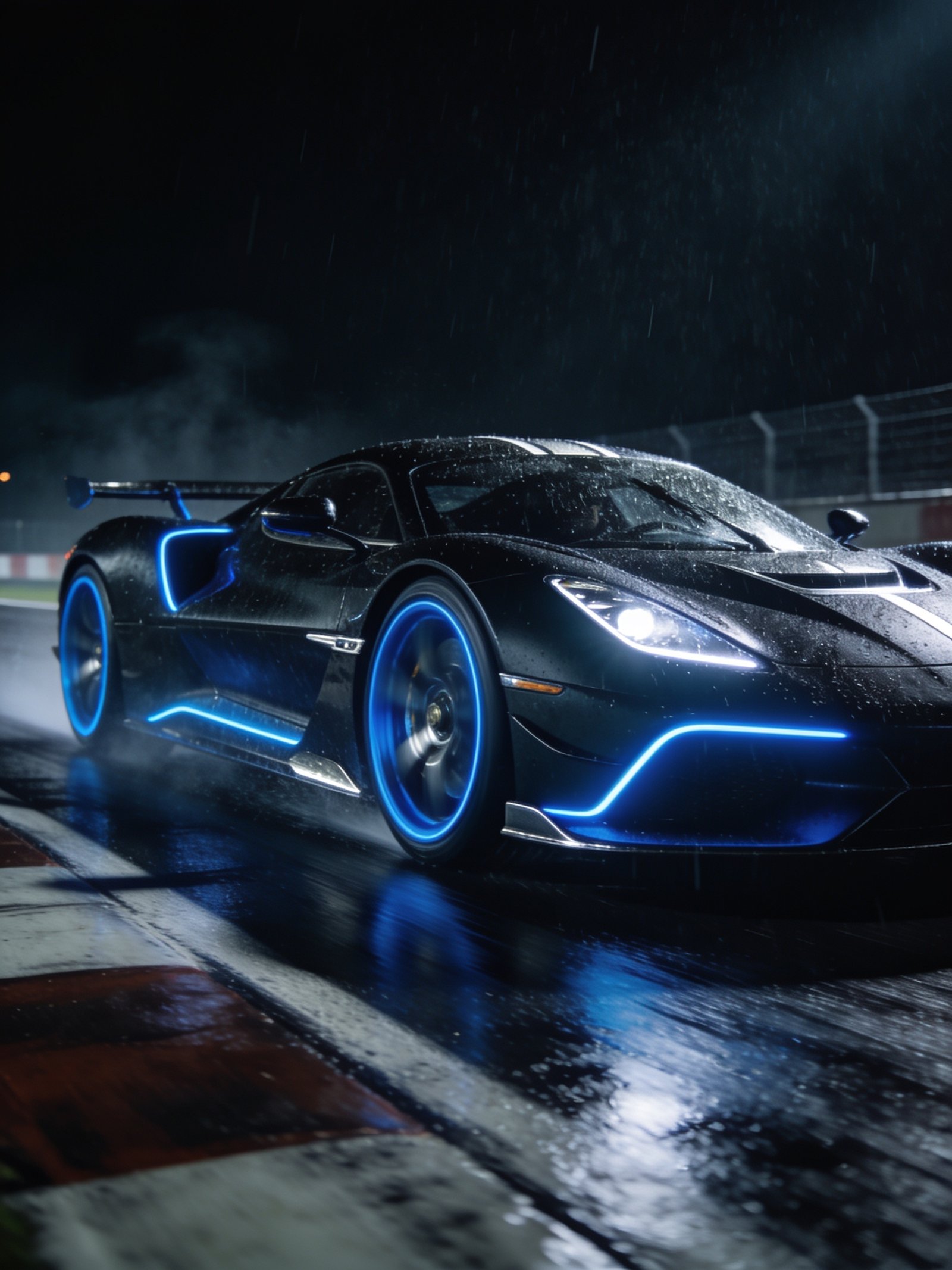 Hypercar su pista bagnata di notte